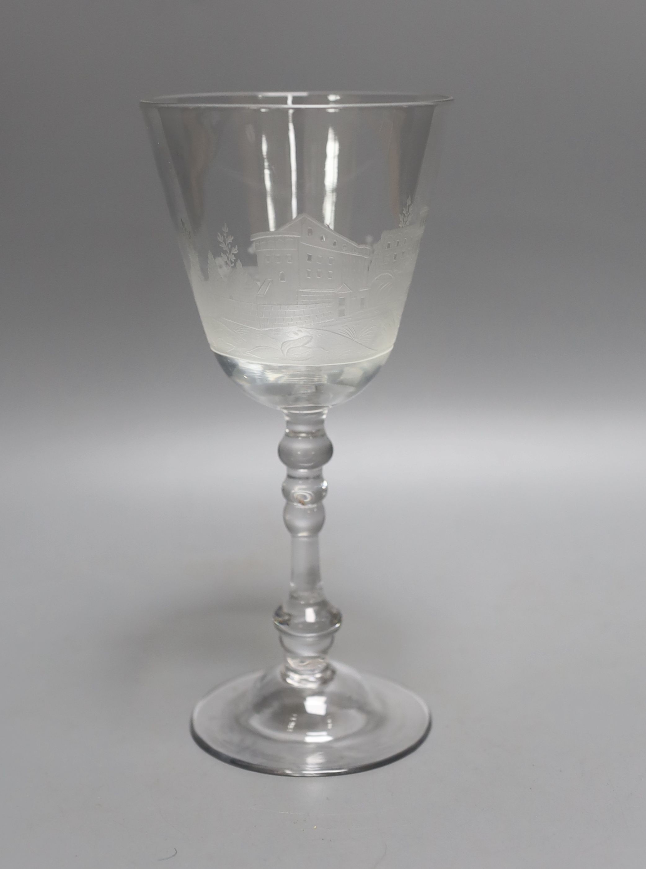 A Dutch engraved Newcastle goblet - 19cm tall